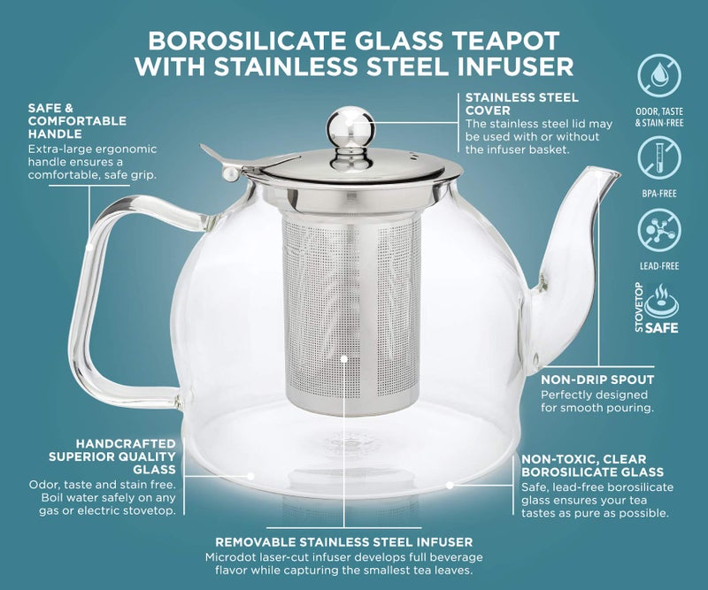 Teabloom Dublin Glass Teapot â€“ Premium Borosilicate Glass with Removable Stainless Infuser â€“ Stovetop Safe â€“ Ideal for Loose Leaf Tea â€“ Tea for Two â€“ 27 oz. / 800 ml (2-3 Cups) - Image 4